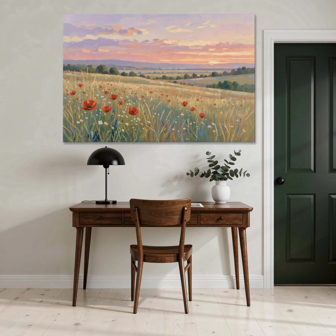 Tranquil Poppy Meadow at Lavender Dusk - Canvas Wall Art - Office - 60x40