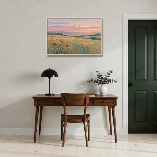 Tranquil Poppy Meadow at Lavender Dusk - Oak Framed Canvas Wall Art - Office - 36x24