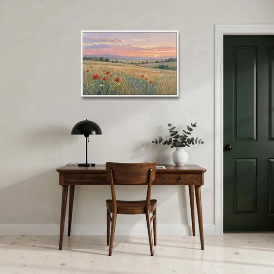 Tranquil Poppy Meadow at Lavender Dusk - White Framed Canvas Wall Art - Office - 36x24