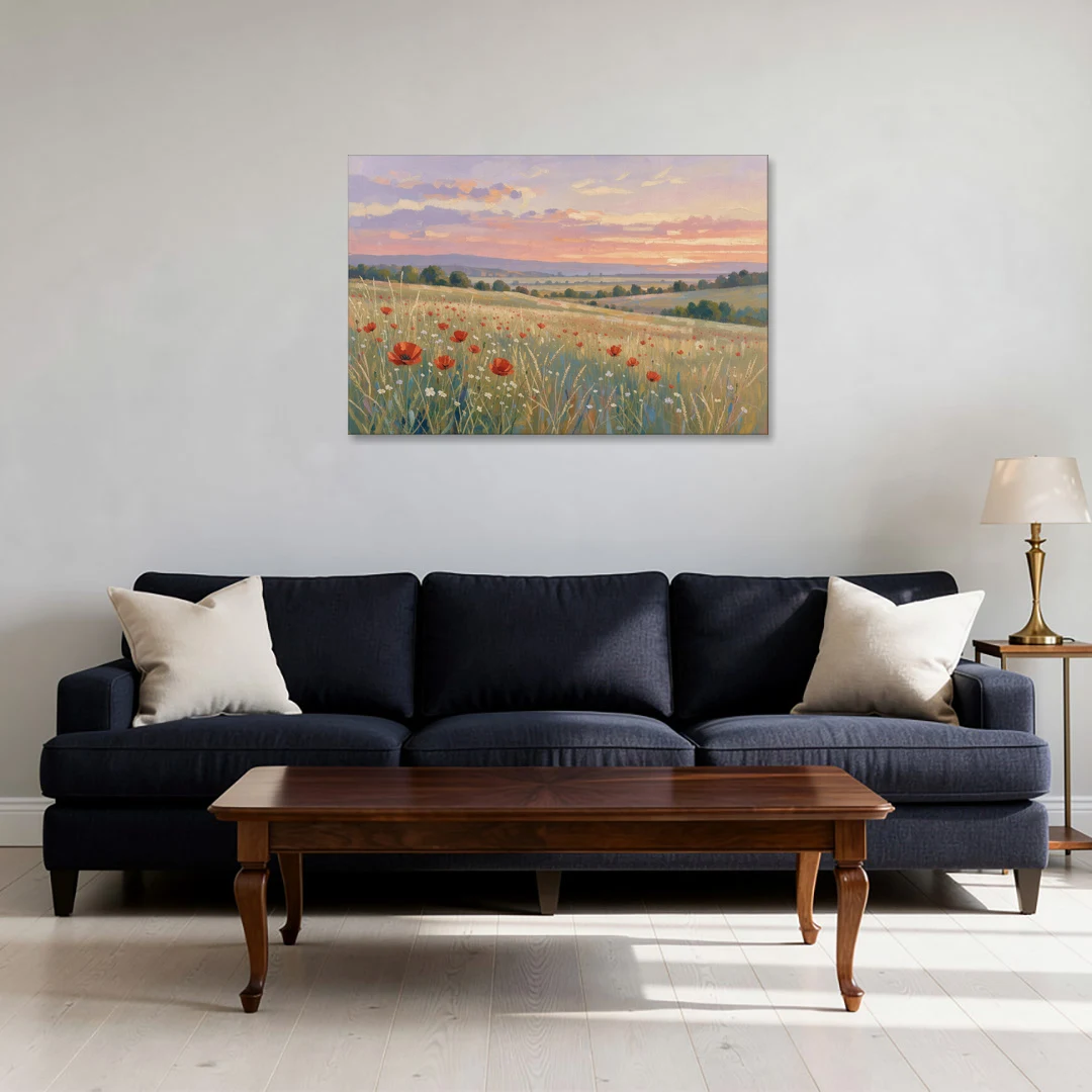 Tranquil Poppy Meadow at Lavender Dusk - Canvas Wall Art - Sofa - 36x24