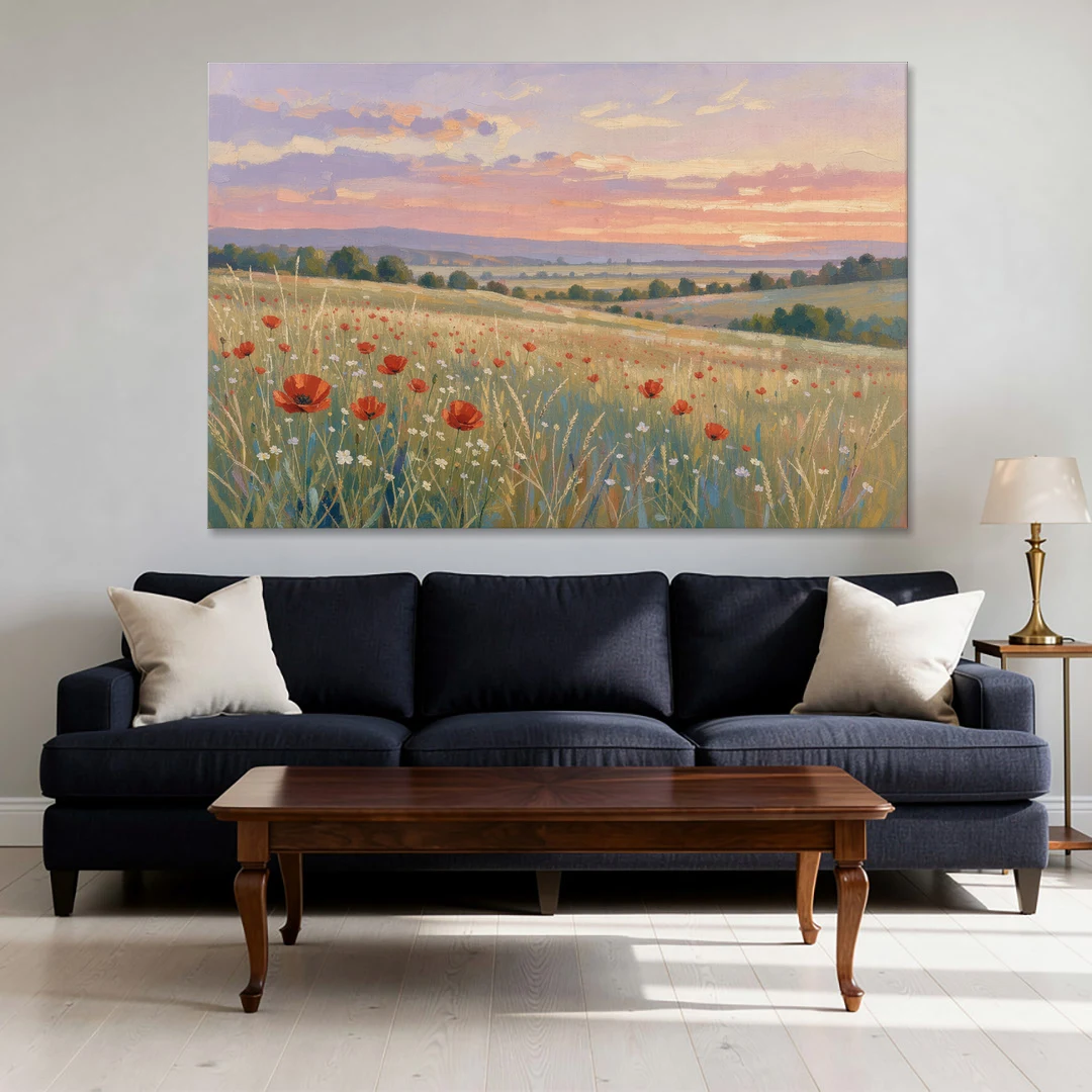 Tranquil Poppy Meadow at Lavender Dusk - Canvas Wall Art - Sofa - 60x40