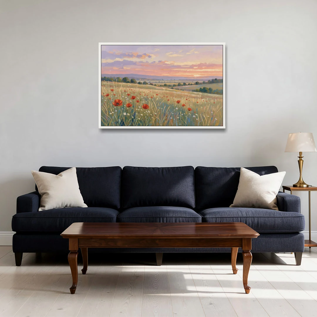 Tranquil Poppy Meadow at Lavender Dusk - White Framed Canvas Wall Art - Sofa - 36x24