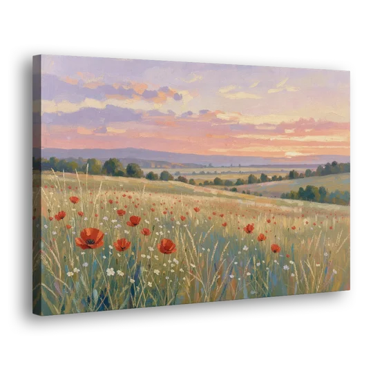 Tranquil Poppy Meadow at Lavender Dusk - Canvas Wall Art - Side