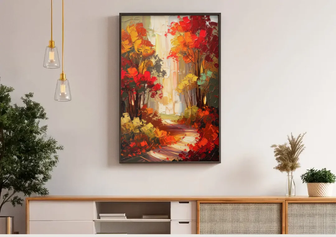 Traverse City Autumn Foliage canvas wall art above a wooden sideboard under pendant lights