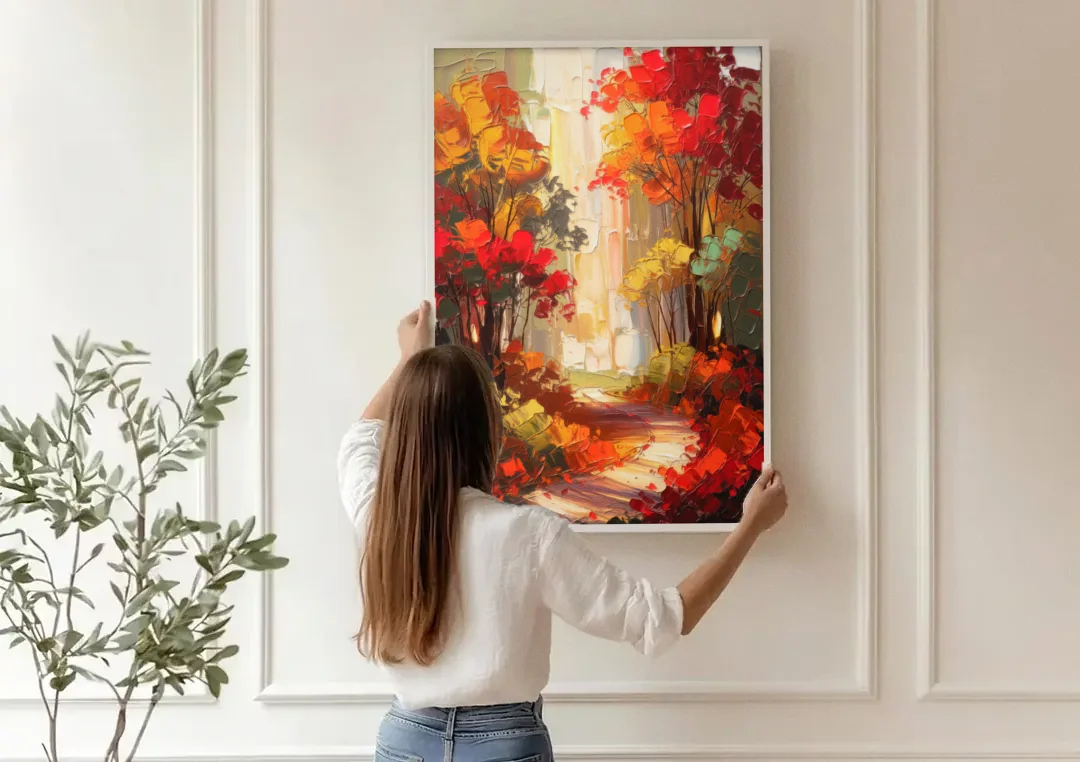 Traverse City Autumn Foliage canvas wall art being hung on a paneled wall