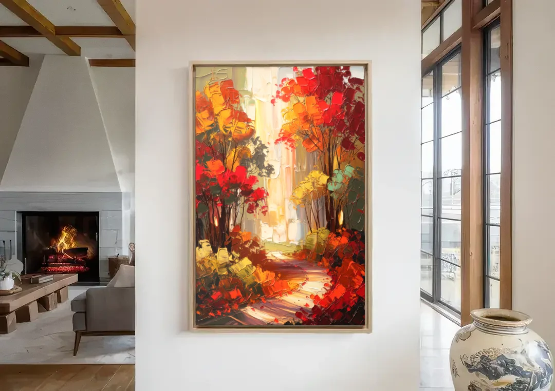 Traverse City Autumn Foliage canvas wall art in a living room with a fireplace