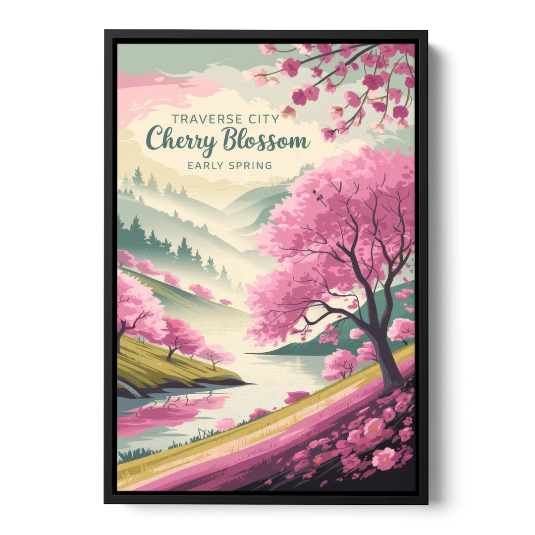 Traverse City Cherry Blossom Landscape - Black Framed Canvas Wall Art - Front