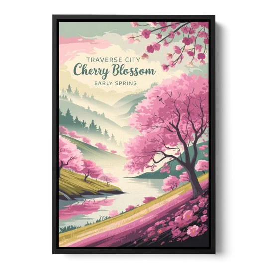 Traverse City Cherry Blossom Landscape - Black Framed Canvas Wall Art - Front