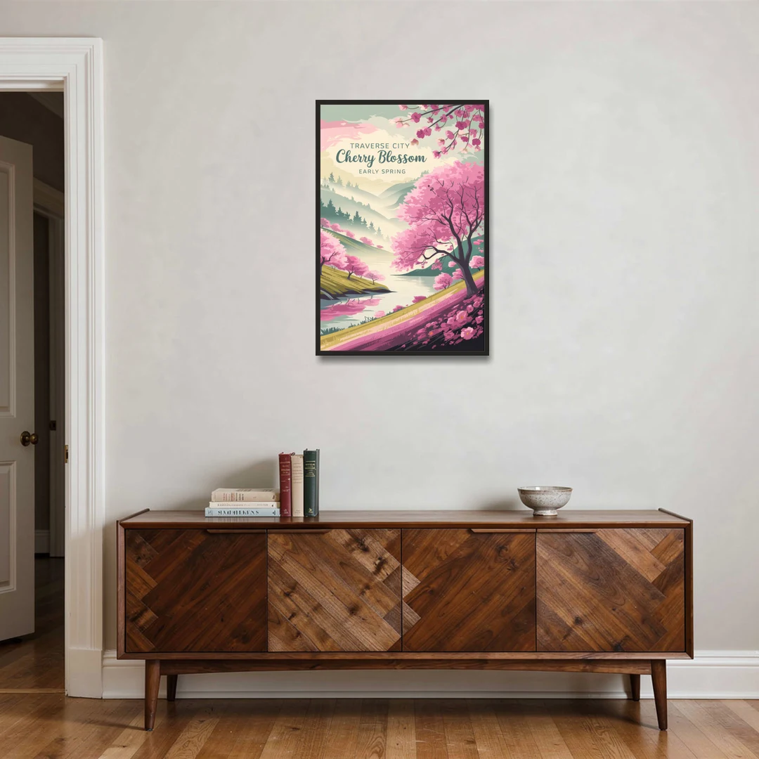 Traverse City Cherry Blossom Landscape - Black Framed Canvas Wall Art - Coffee Table - 24x36