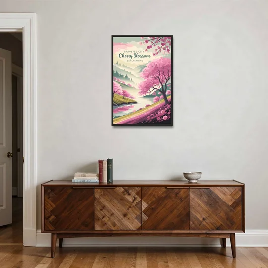 Traverse City Cherry Blossom Landscape - Black Framed Canvas Wall Art - Coffee Table - 24x36