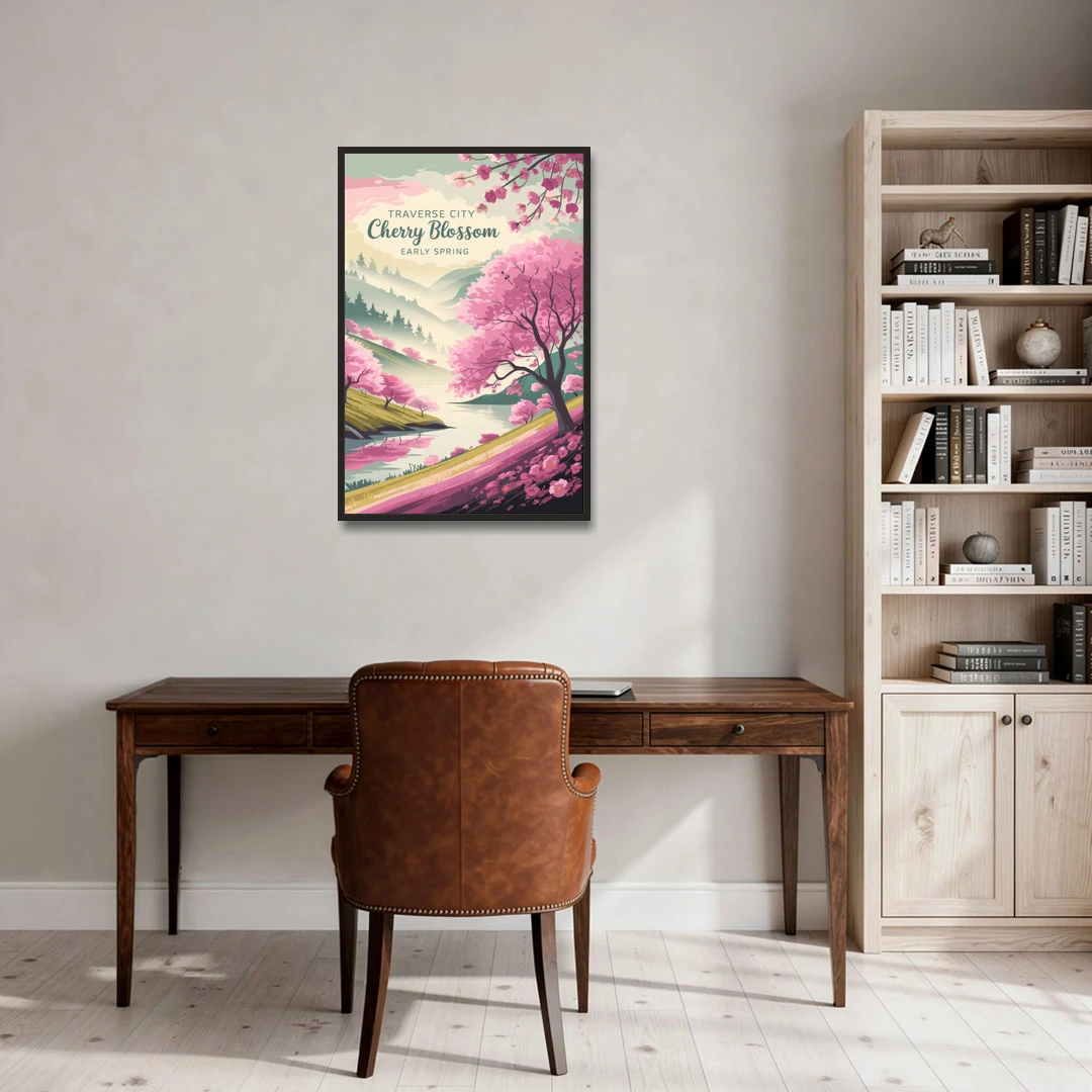 Traverse City Cherry Blossom Landscape - Black Framed Canvas Wall Art - Office - 24x36