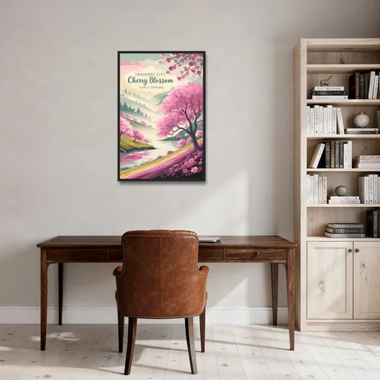 Traverse City Cherry Blossom Landscape - Black Framed Canvas Wall Art - Office - 24x36