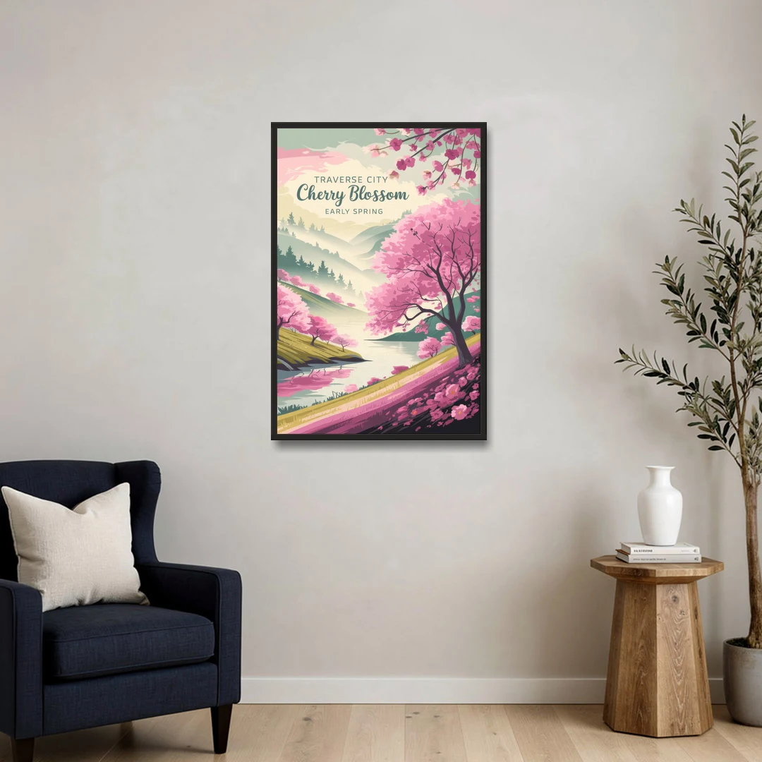 Traverse City Cherry Blossom Landscape - Black Framed Canvas Wall Art - Sofa - 24x36