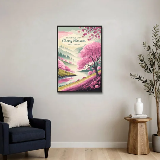 Traverse City Cherry Blossom Landscape - Black Framed Canvas Wall Art - Sofa - 24x36