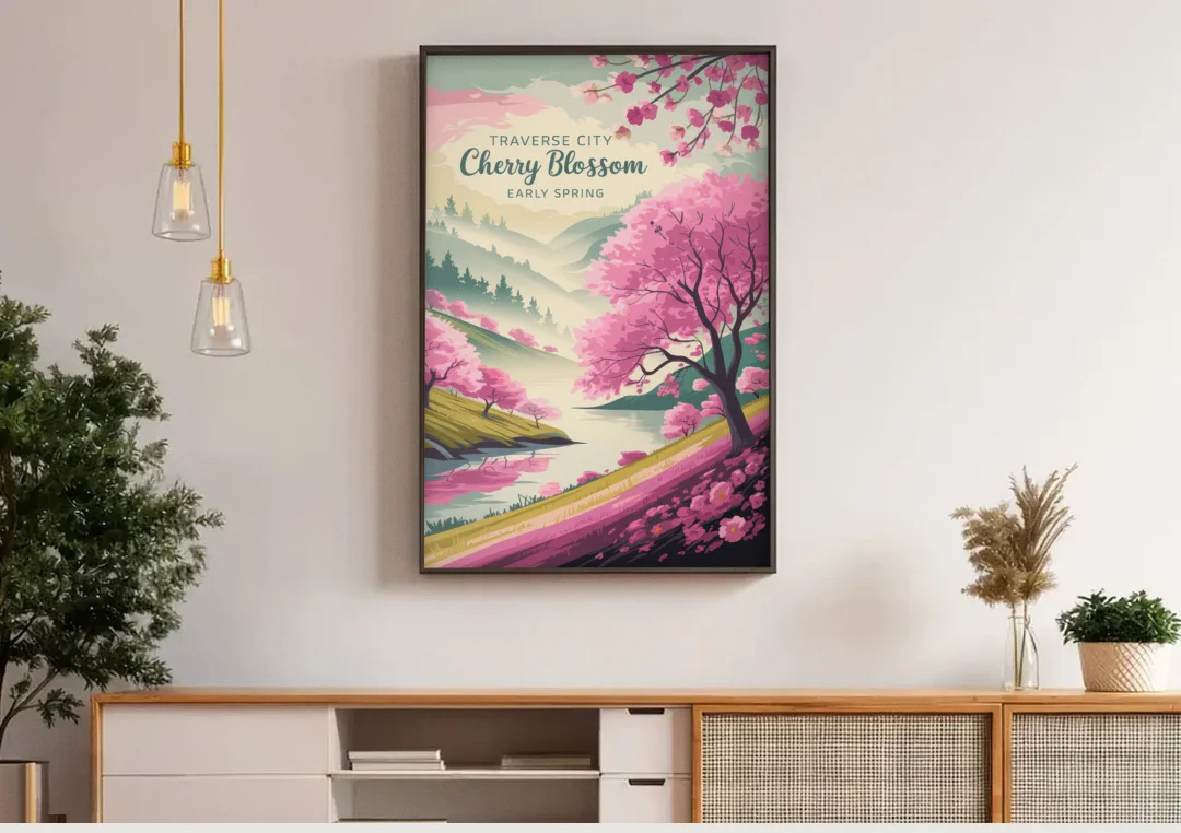 Traverse City Cherry Blossom Landscape canvas wall art above a wooden sideboard under pendant lights