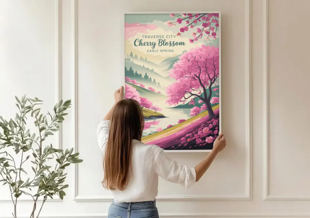Traverse City Cherry Blossom Landscape canvas wall art being hung on a paneled wall