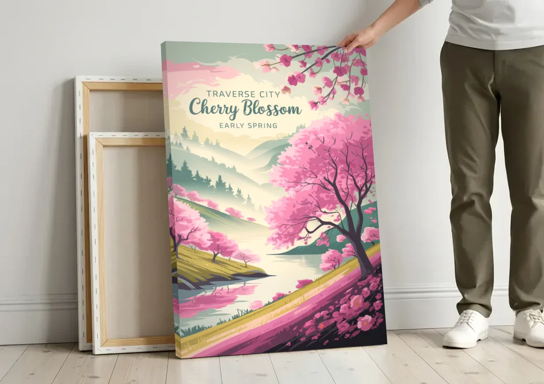 Traverse City Cherry Blossom Landscape canvas wall art leaning against a wall next to blank canvases