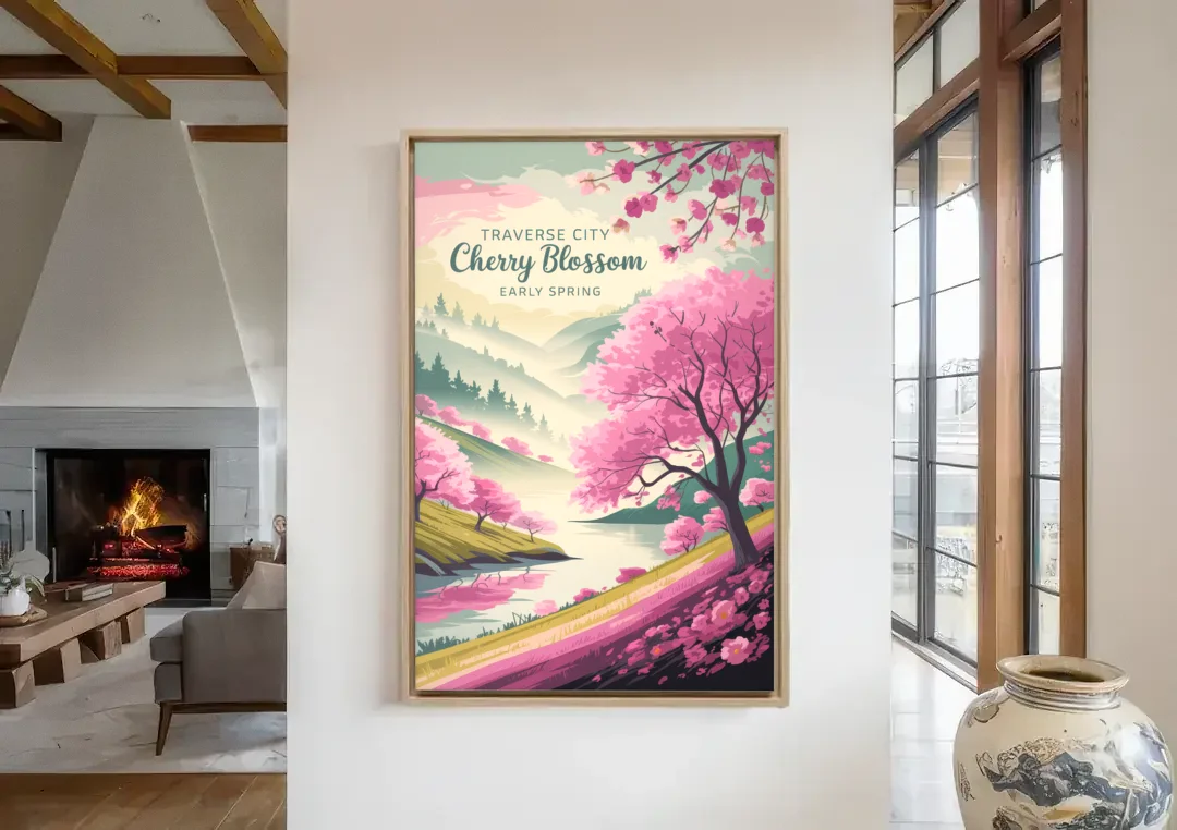 Traverse City Cherry Blossom Landscape canvas wall art in a living room with a fireplace
