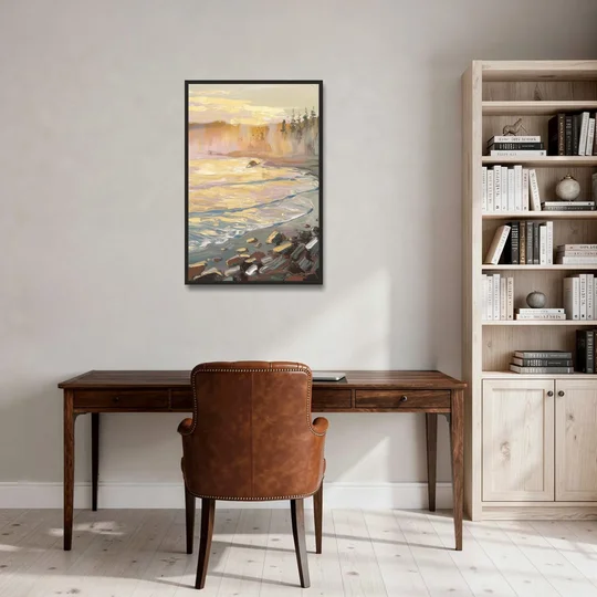 Traverse City Coastal Sunrise - Black Framed Canvas Wall Art - Office - 24x36