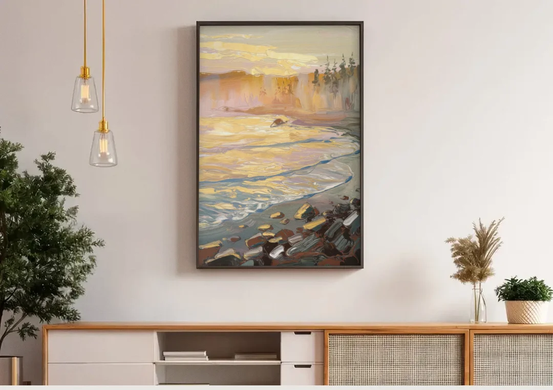 Traverse City Coastal Sunrise canvas wall art above a wooden sideboard under pendant lights