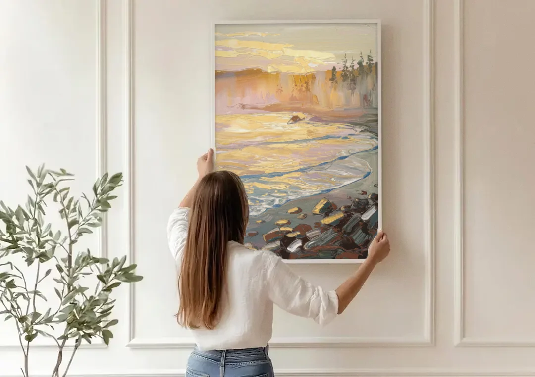 Traverse City Coastal Sunrise canvas wall art being hung on a paneled wall