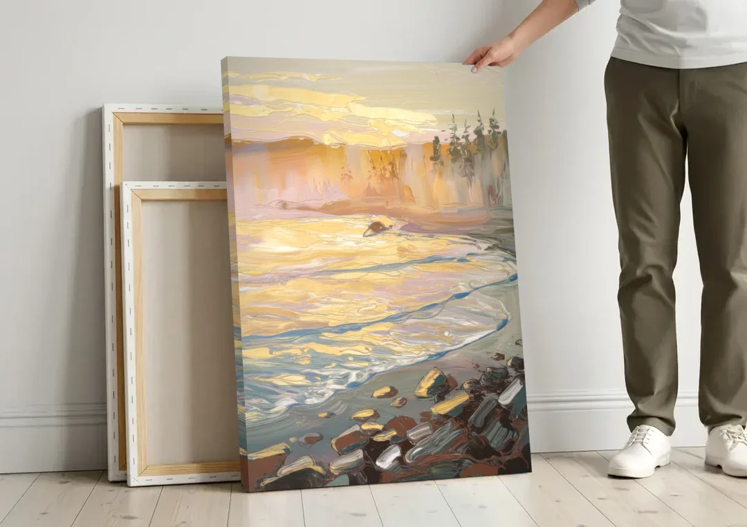 Traverse City Coastal Sunrise canvas wall art leaning against a wall next to blank canvases