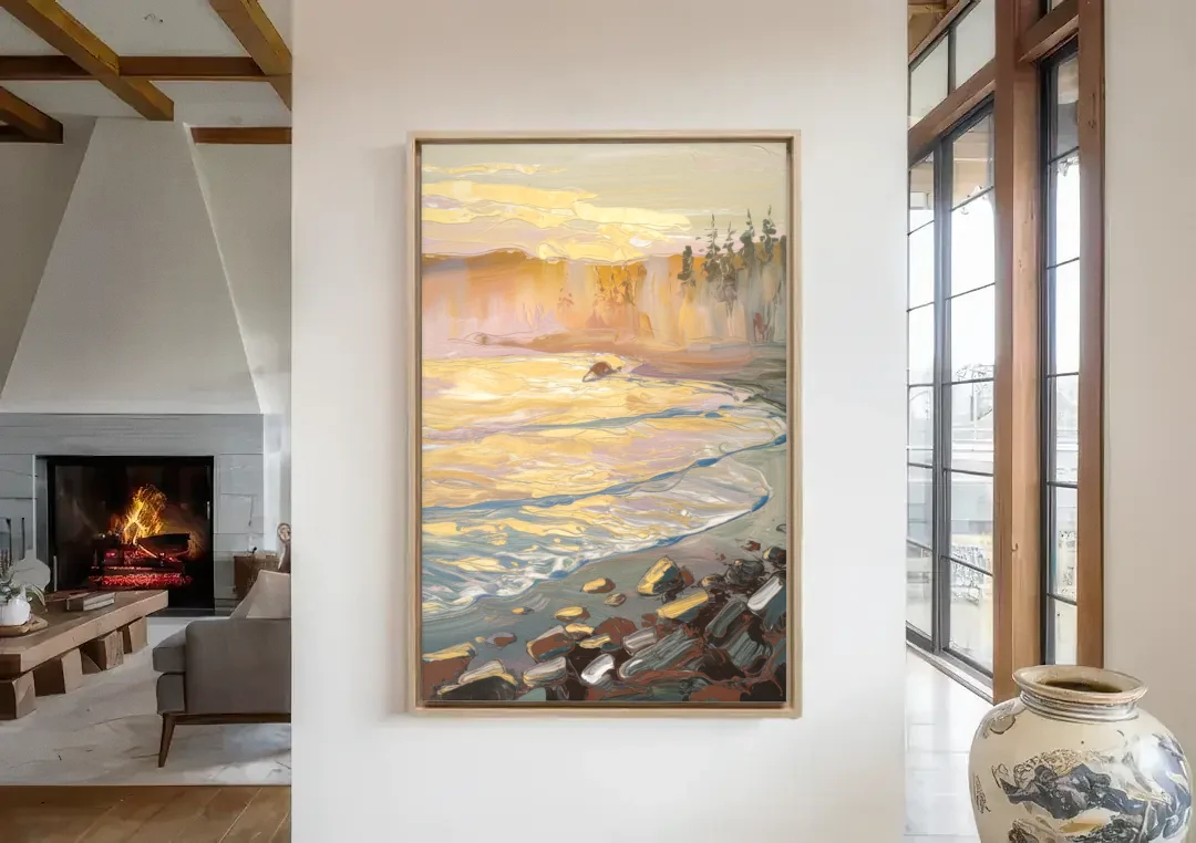 Traverse City Coastal Sunrise canvas wall art in a living room with a fireplace