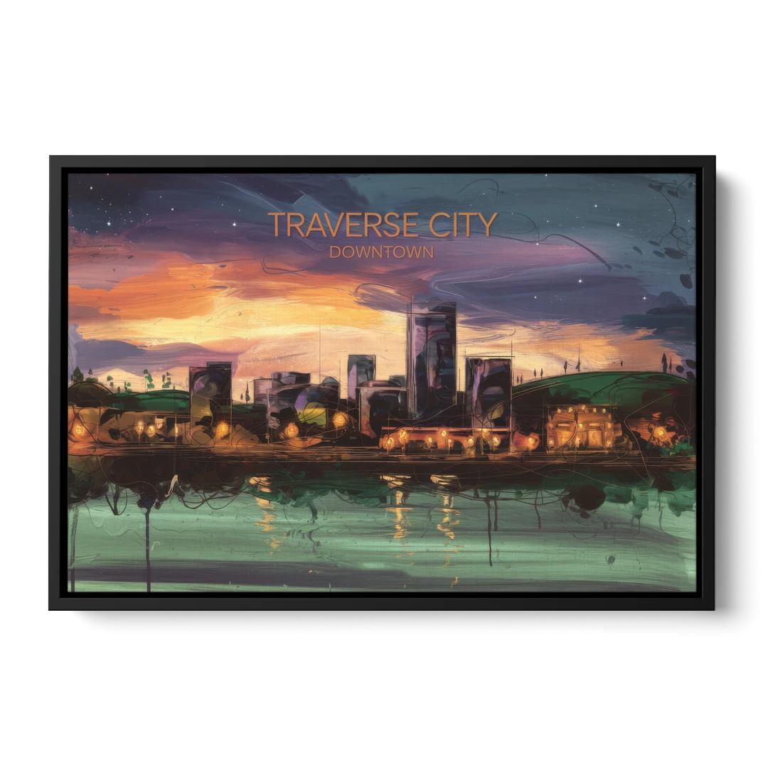 Traverse City Downtown Skyline - Black Framed Canvas Wall Art - Front