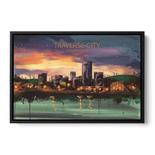 Traverse City Downtown Skyline - Black Framed Canvas Wall Art - Front