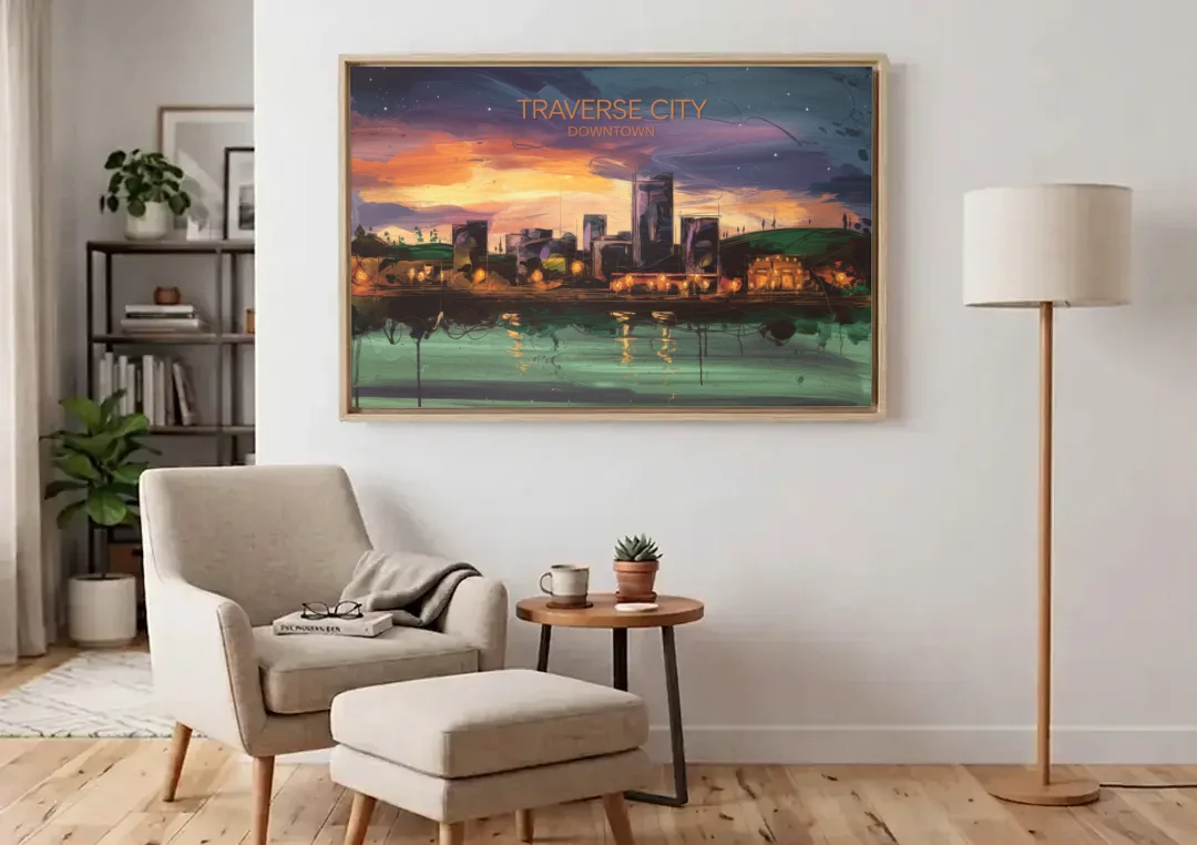 Traverse City Downtown Skyline canvas wall art above an armchair in a bright living room