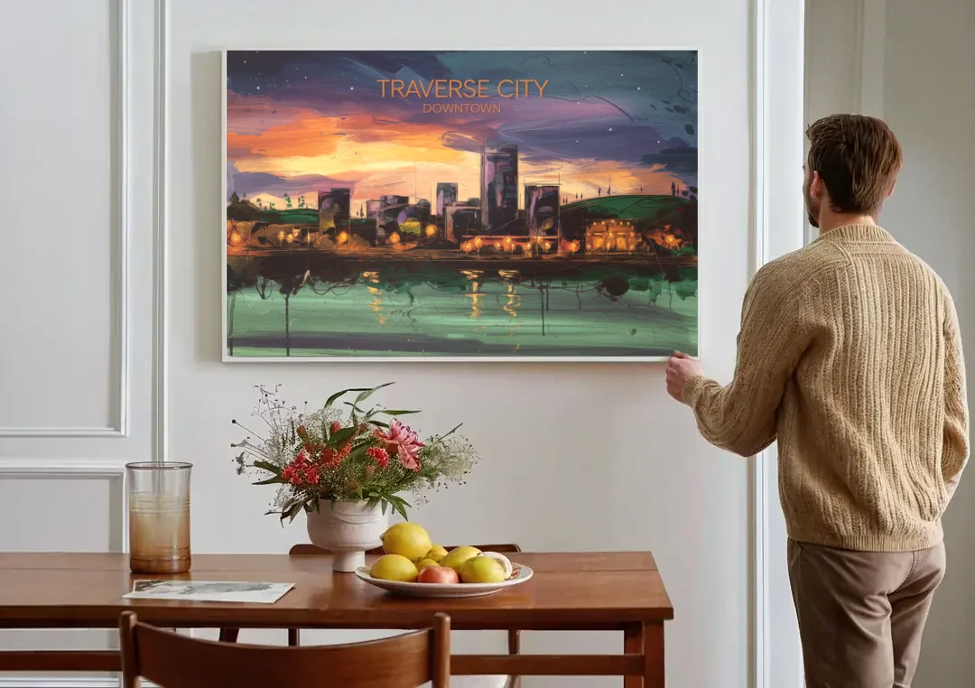 Traverse City Downtown Skyline canvas wall art above a dining table