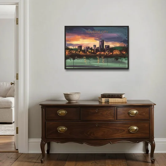 Traverse City Downtown Skyline - Black Framed Canvas Wall Art - Coffee Table - 36x24