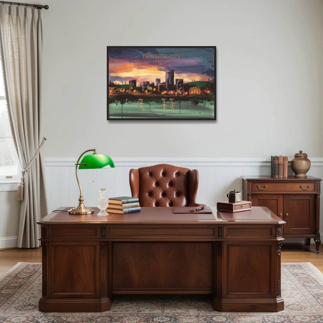 Traverse City Downtown Skyline - Black Framed Canvas Wall Art - Office - 36x24
