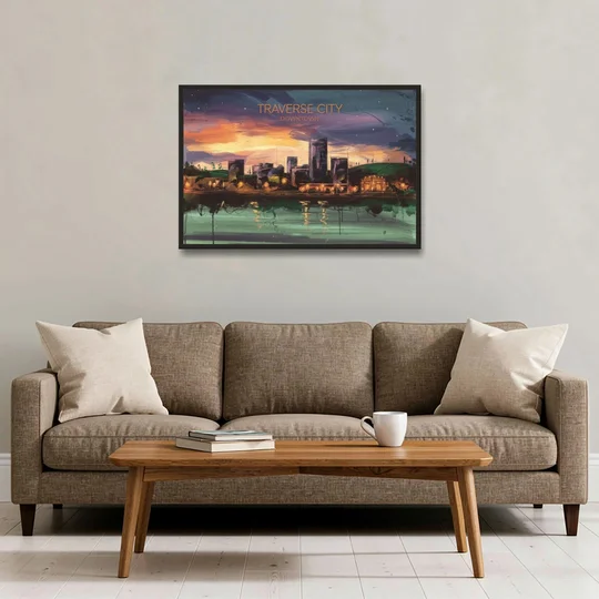 Traverse City Downtown Skyline - Black Framed Canvas Wall Art - Sofa - 36x24