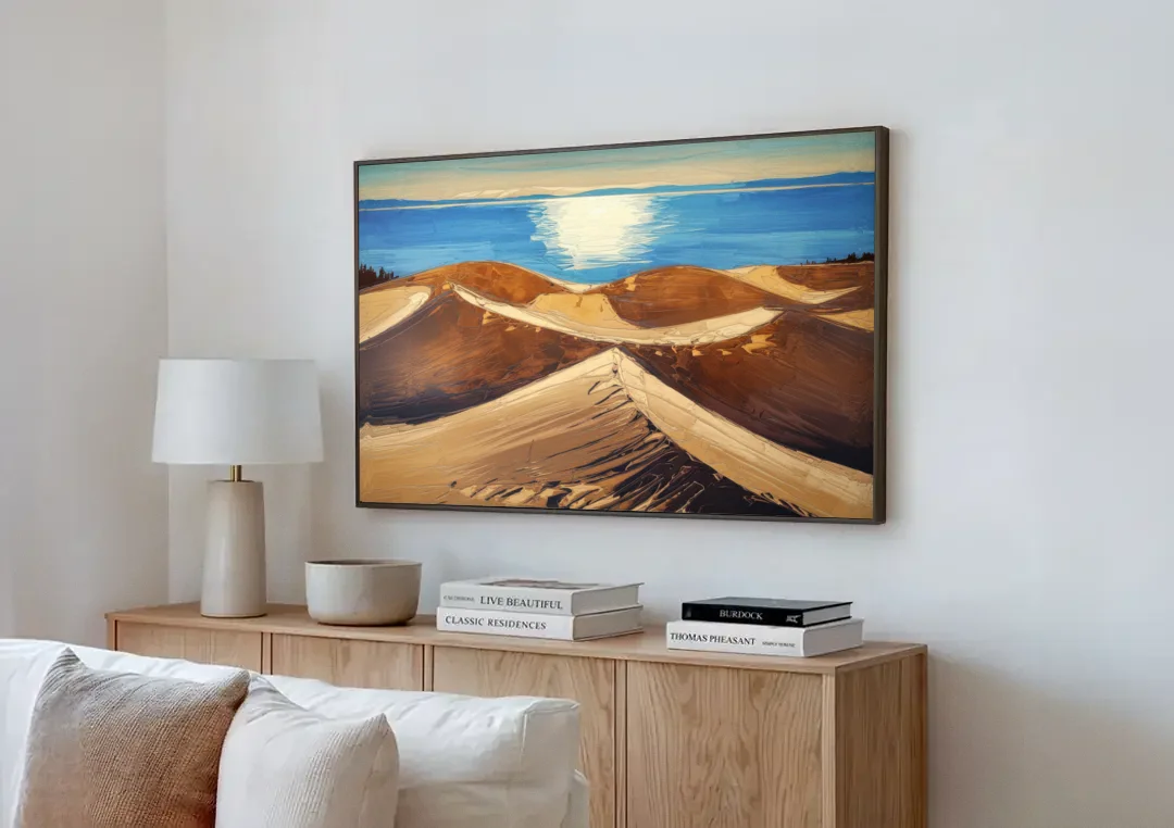Traverse City Sleeping Bear Dunes canvas wall art above a wooden sideboard next to a sofa