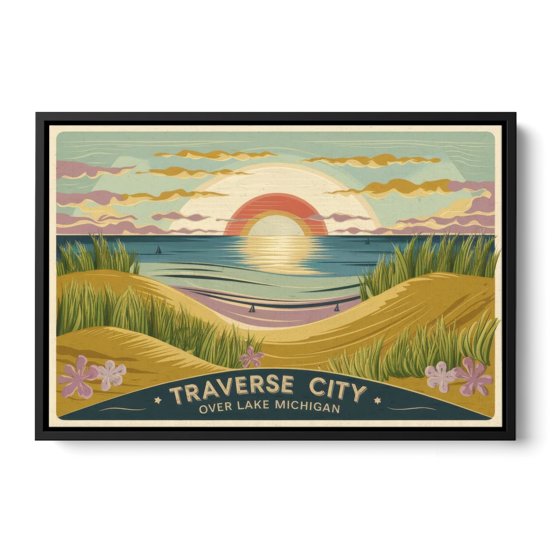 Traverse City Sunset Over Lake Michigan - Black Framed Canvas Wall Art - Front