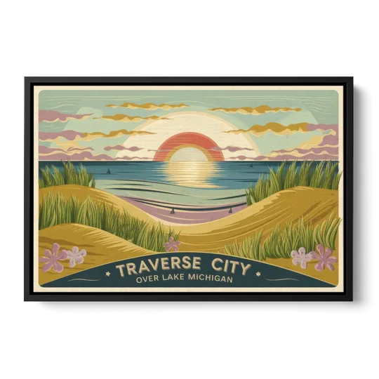 Traverse City Sunset Over Lake Michigan - Black Framed Canvas Wall Art - Front
