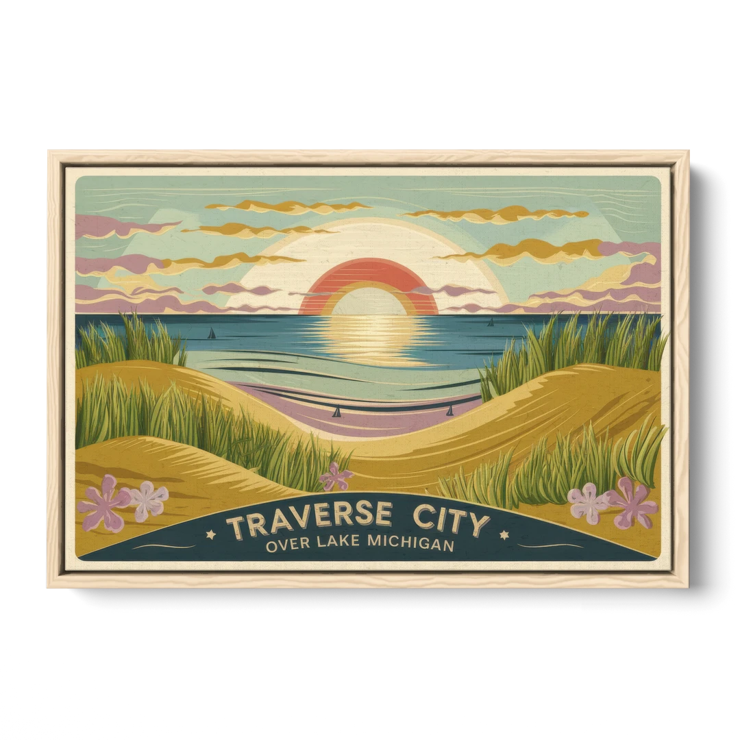 Traverse City Sunset Over Lake Michigan - Oak Framed Canvas Wall Art - Front