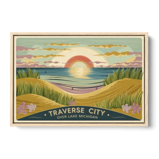 Traverse City Sunset Over Lake Michigan - Oak Framed Canvas Wall Art - Front