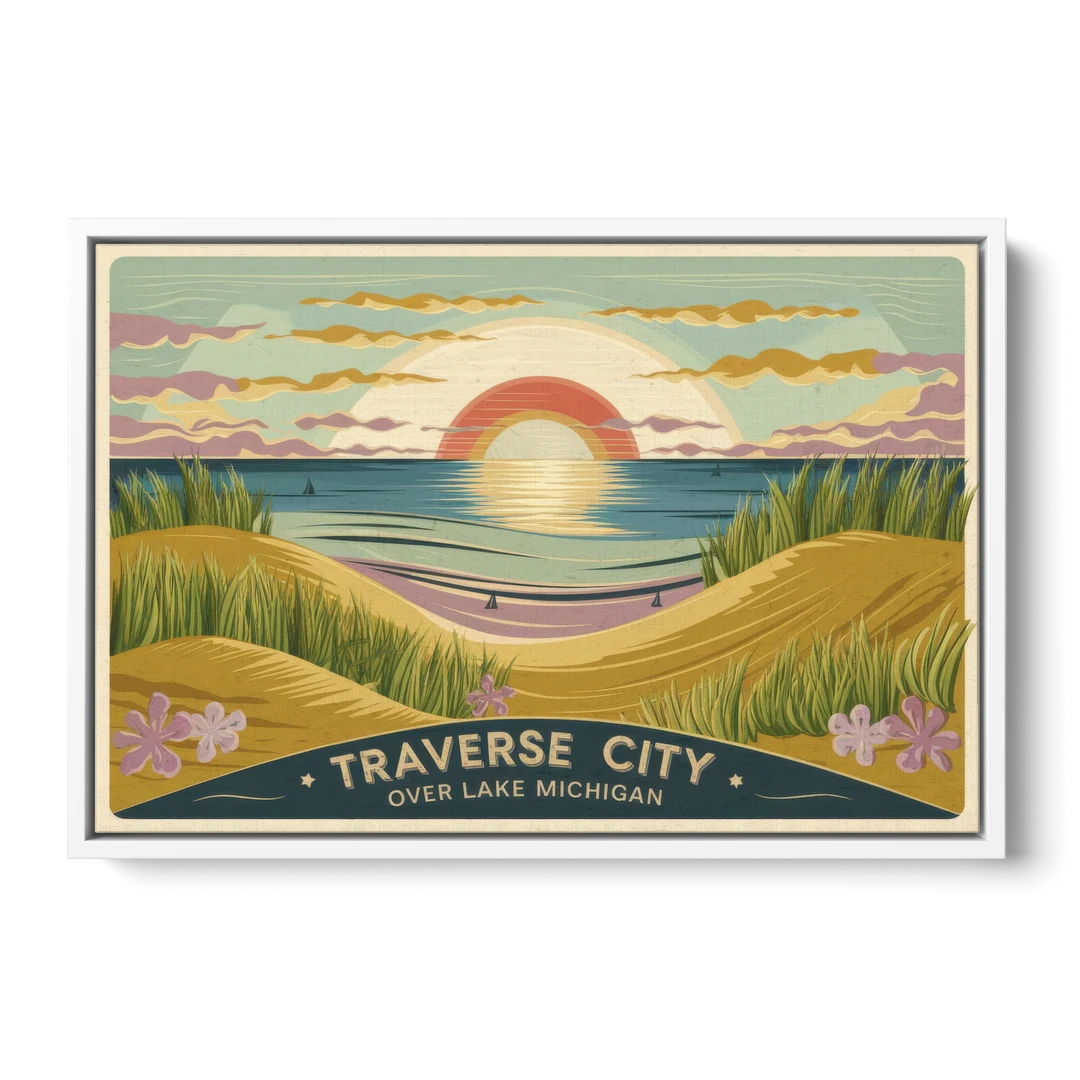 Traverse City Sunset Over Lake Michigan - White Framed Canvas Wall Art - Front