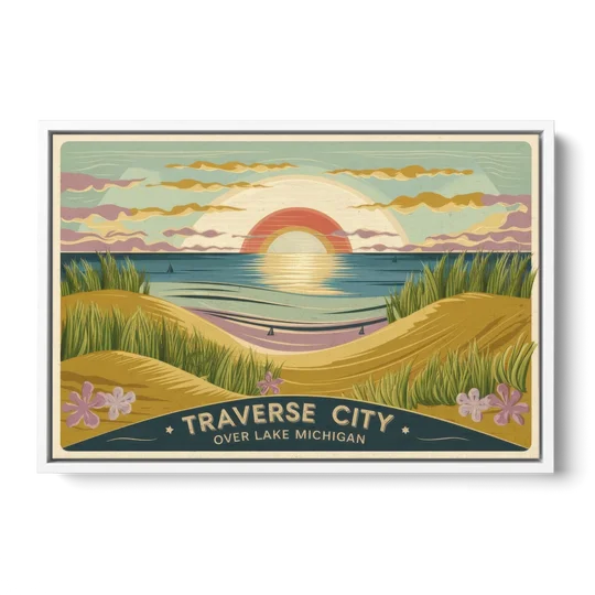 Traverse City Sunset Over Lake Michigan - White Framed Canvas Wall Art - Front