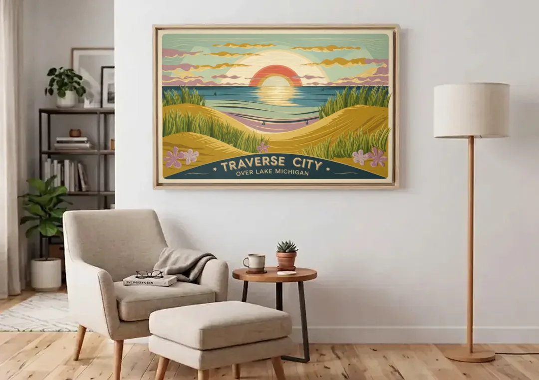 Traverse City Sunset Over Lake Michigan canvas wall art above an armchair in a bright living room