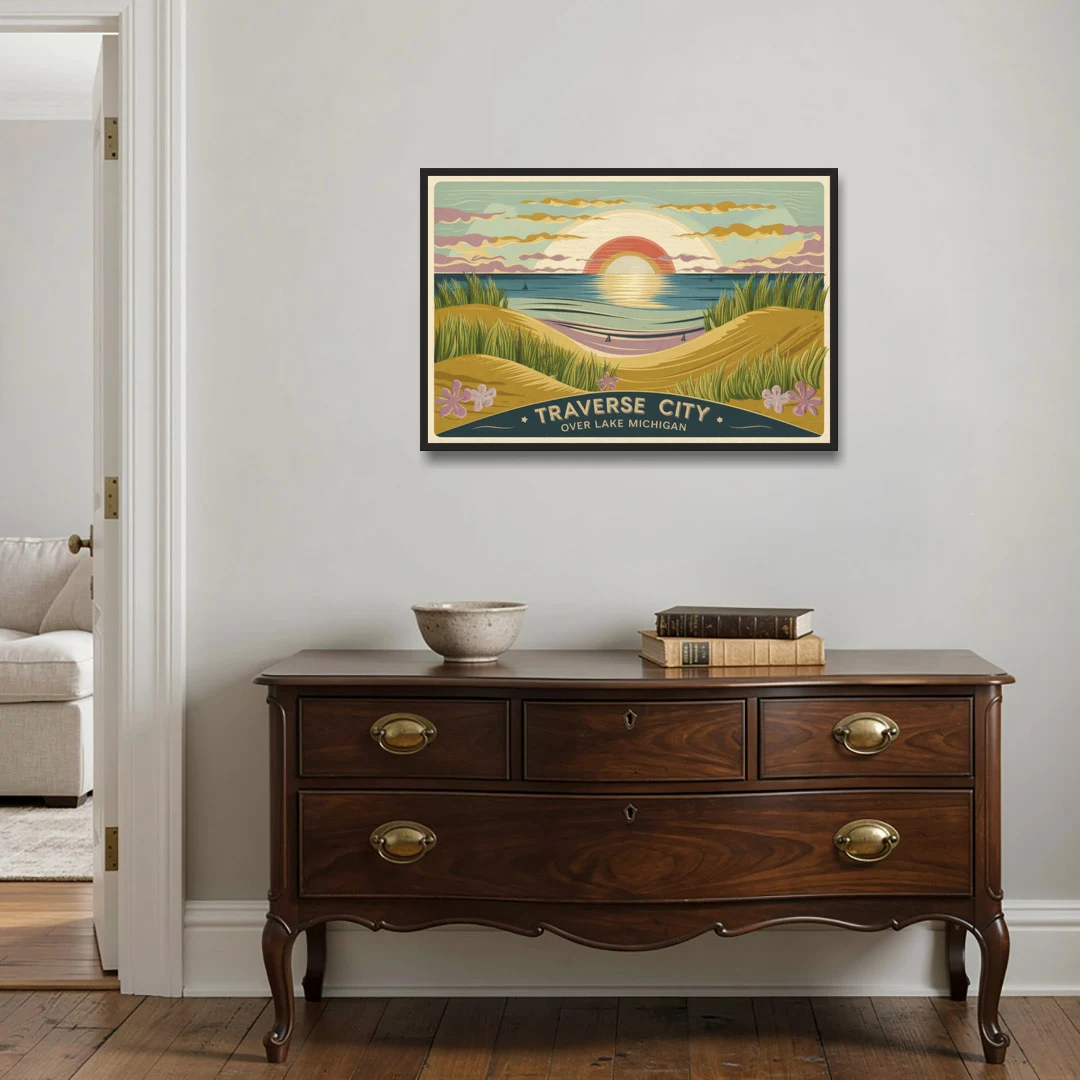 Traverse City Sunset Over Lake Michigan - Black Framed Canvas Wall Art - Coffee Table - 36x24