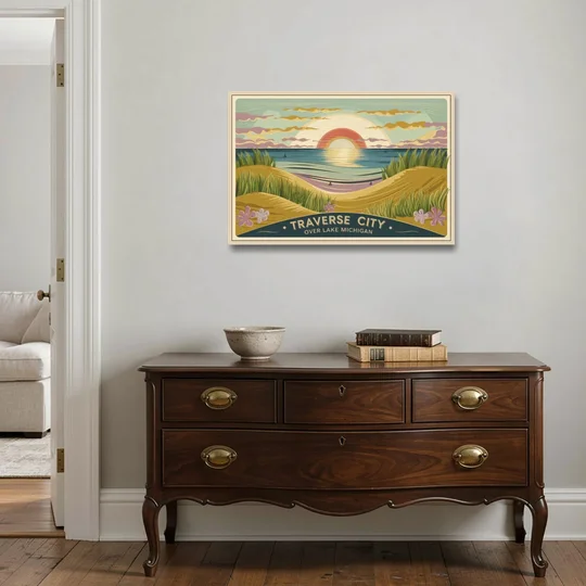 Traverse City Sunset Over Lake Michigan - Oak Framed Canvas Wall Art - Coffee Table - 36x24