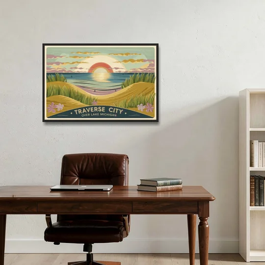 Traverse City Sunset Over Lake Michigan - Black Framed Canvas Wall Art - Office - 36x24