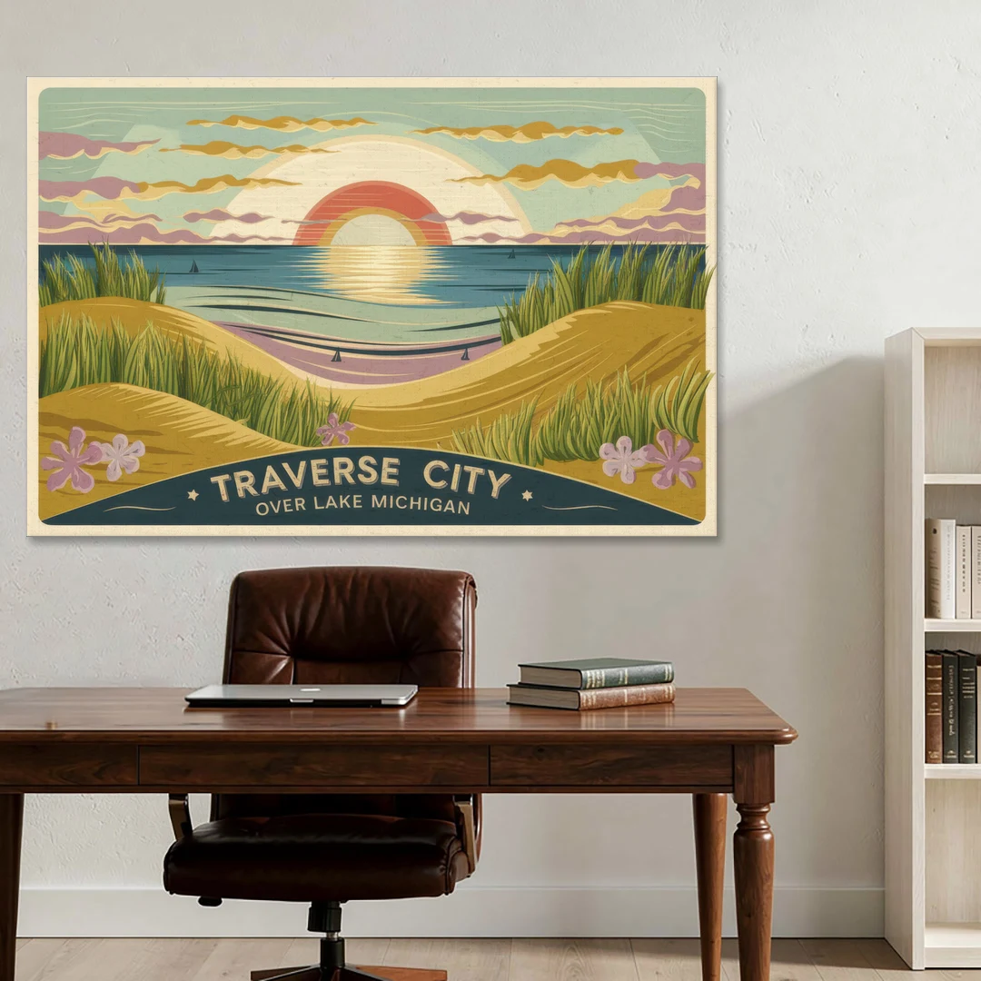 Traverse City Sunset Over Lake Michigan - Canvas Wall Art - Office - 60x40