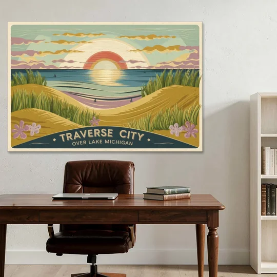 Traverse City Sunset Over Lake Michigan - Canvas Wall Art - Office - 60x40