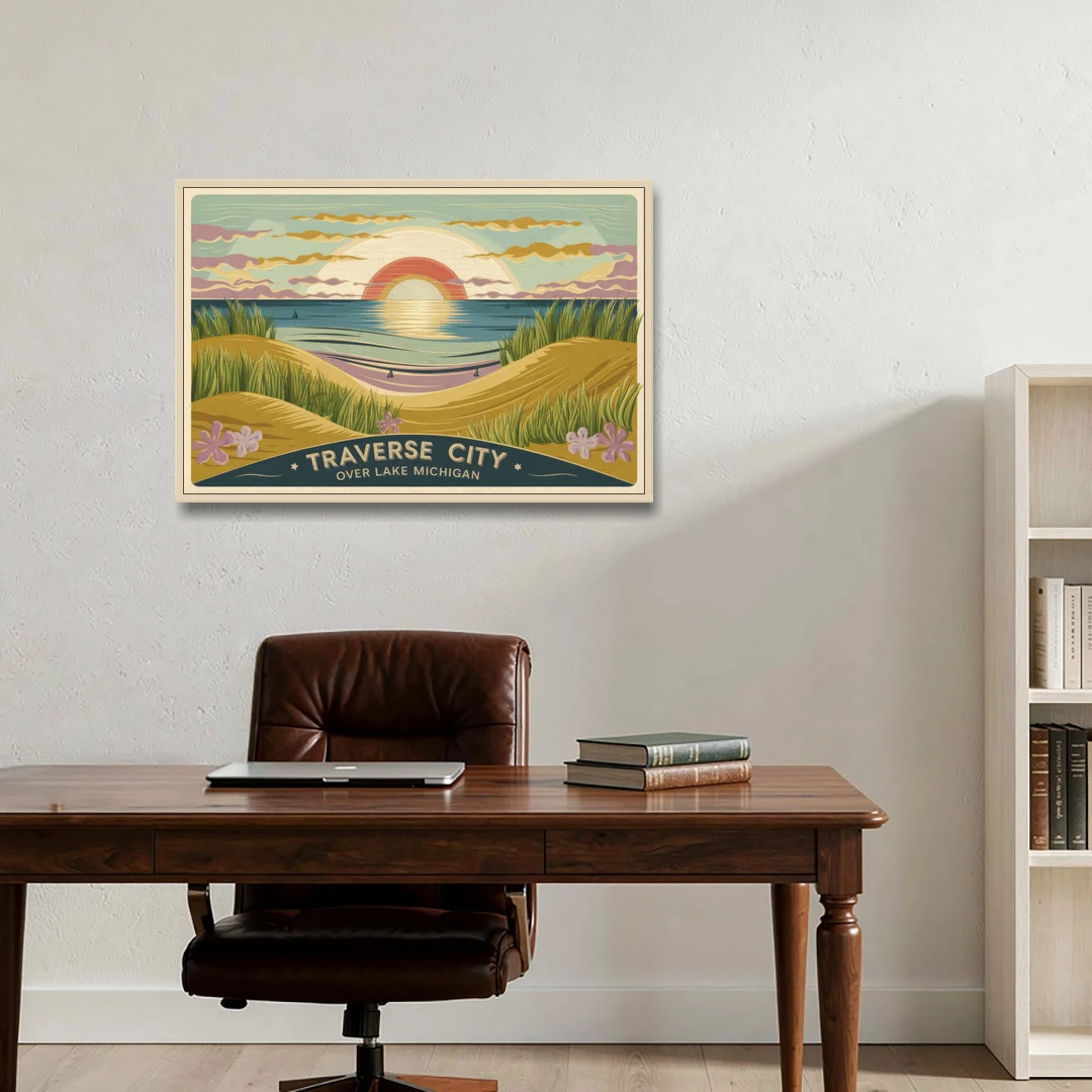 Traverse City Sunset Over Lake Michigan - Oak Framed Canvas Wall Art - Office - 36x24
