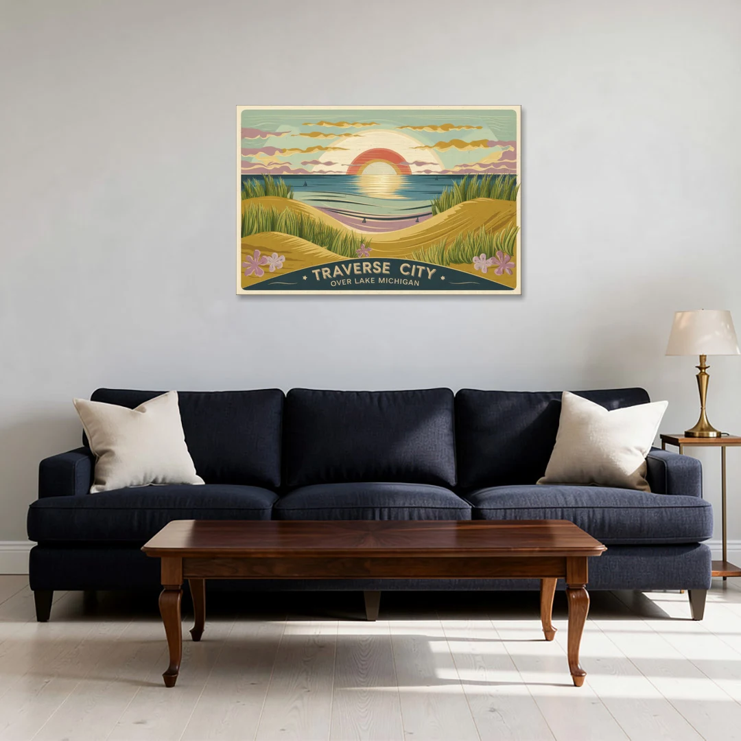 Traverse City Sunset Over Lake Michigan - Canvas Wall Art - Sofa - 36x24