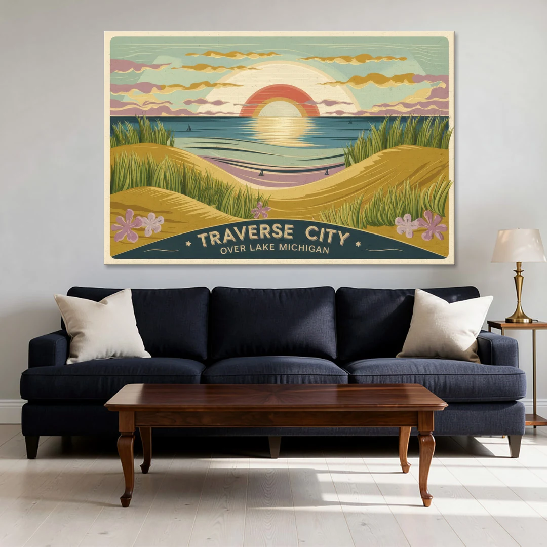 Traverse City Sunset Over Lake Michigan - Canvas Wall Art - Sofa - 60x40